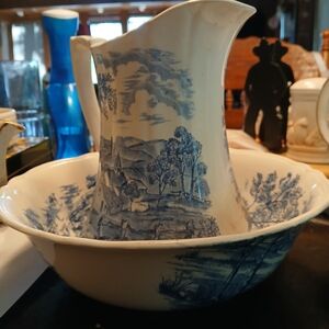 Blue and White Ceramic Pitcher and Bowl Set